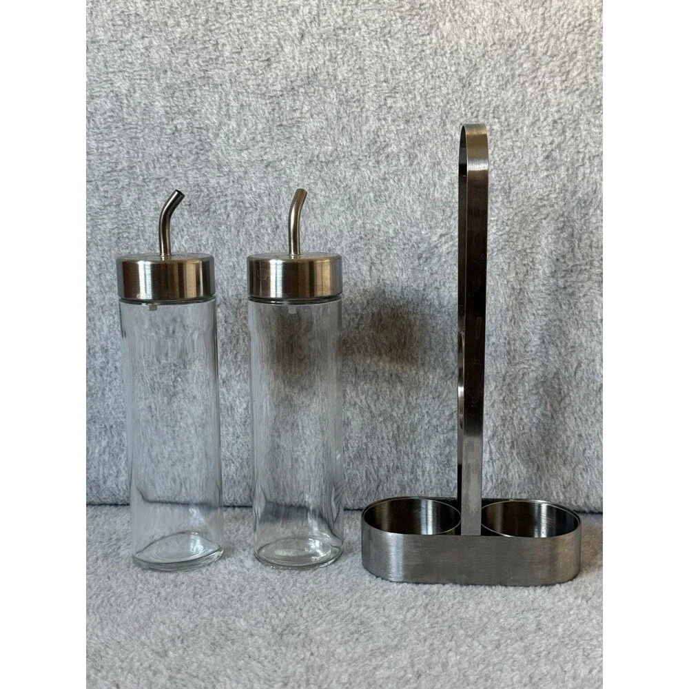 IKEA ORTFYLLD 21143 Glass Oil & Vinegar Set 8 oz w/ Stand Caddy Spouts Lids